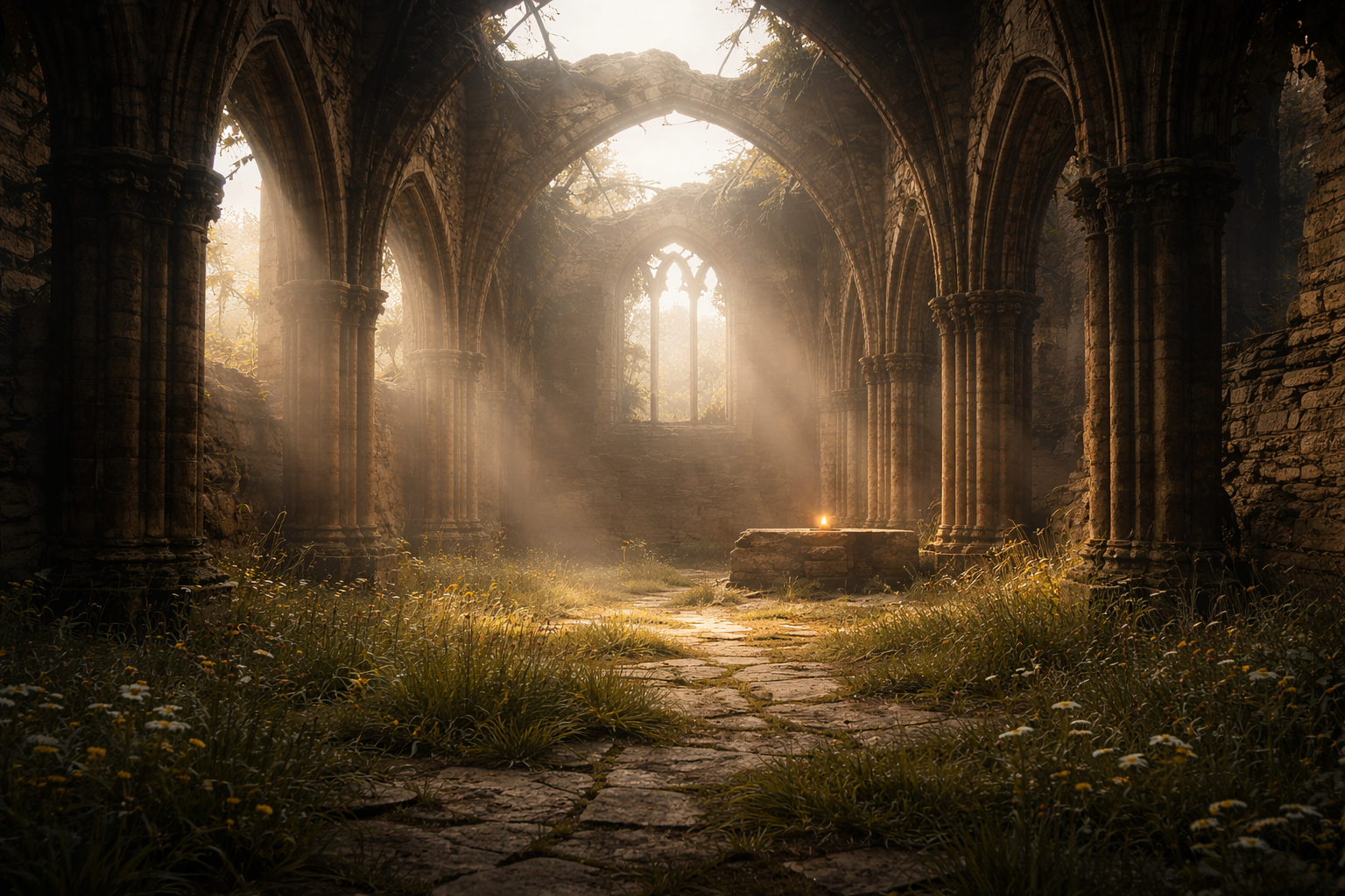 Ruined cathedral interior open to the sky, morning sunlight streaming through broken arches onto a cracked stone floor overgrown with wild grass and small flowers. In the far corner, a single small flame burns on a rough stone altar, casting a warm glow in muted earth tones and creating a quiet, contemplative atmosphere.